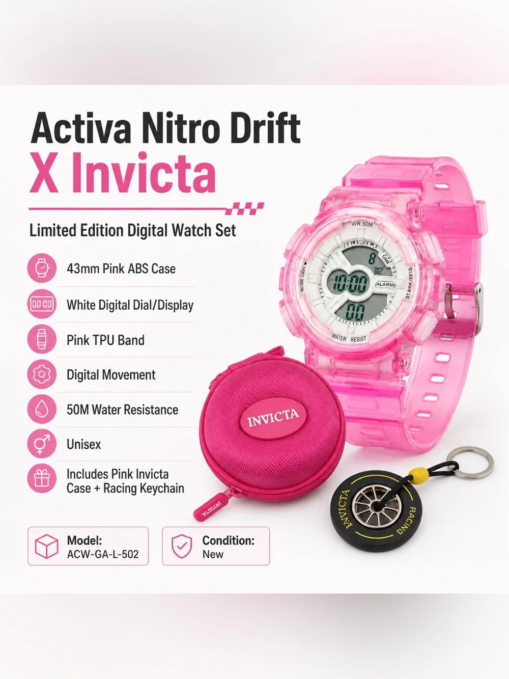 NEW Activa X Invicta Nitro Drift 43mm Pink Digital Watch Set ACW-GA-L-502